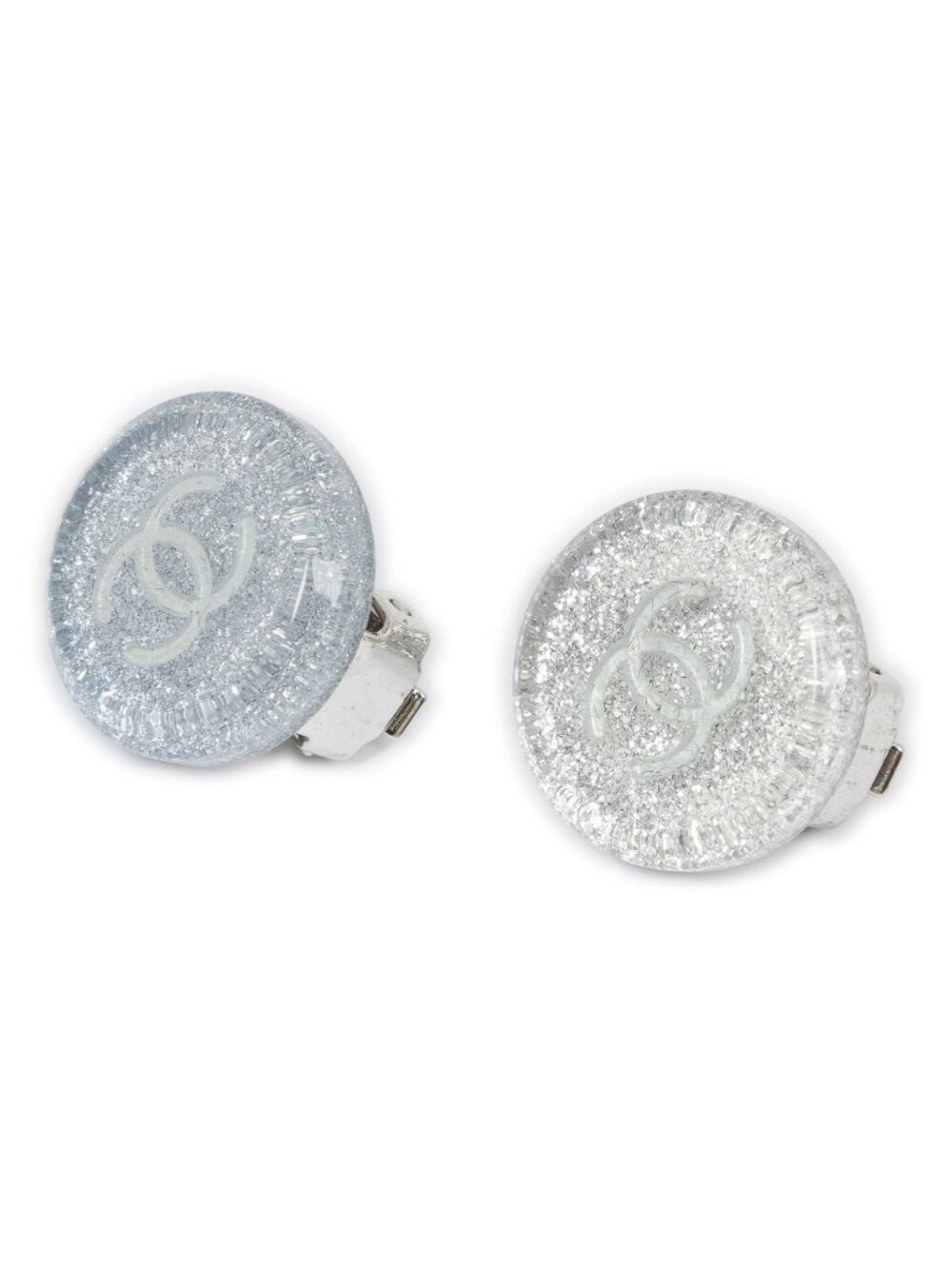 Chanel CC Logo Round Clip-On Earrings Silver Resin